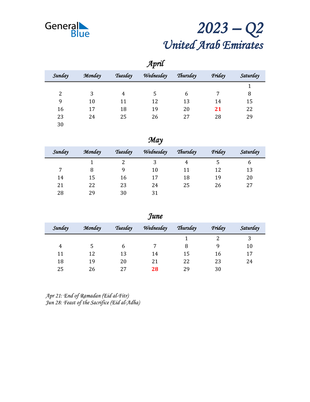  April, May, and June Calendar for United Arab Emirates
