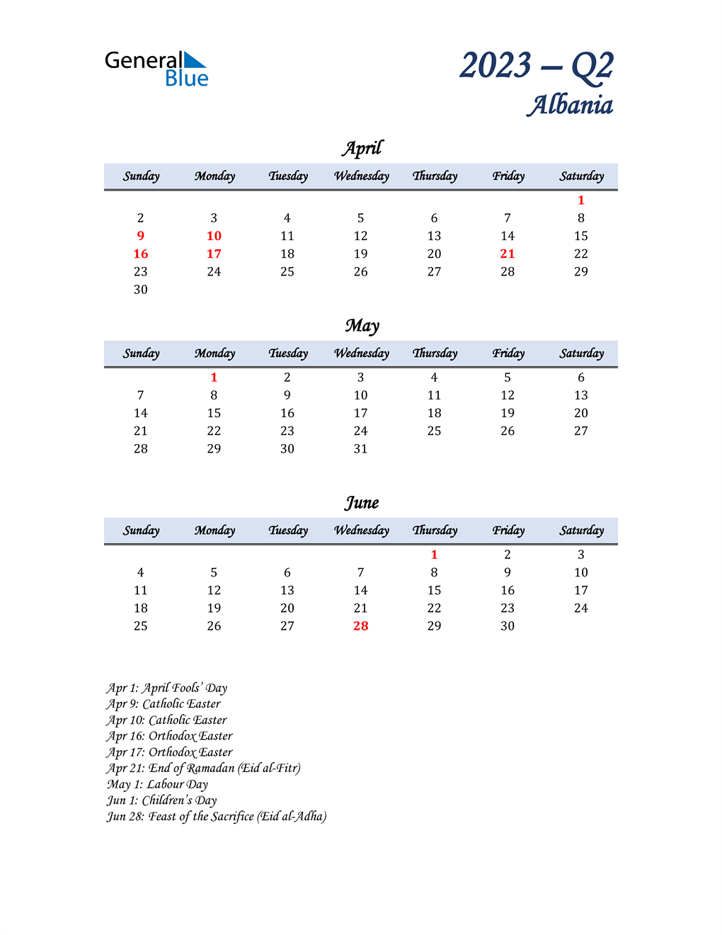  April, May, and June Calendar for Albania