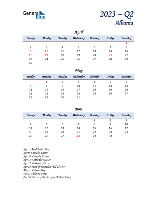  April, May, and June Calendar for Albania
