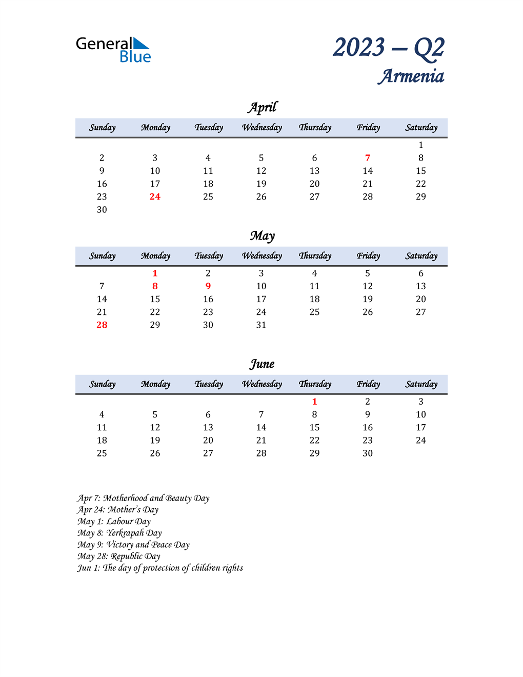  April, May, and June Calendar for Armenia