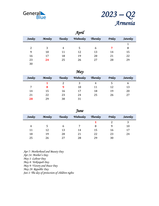  April, May, and June Calendar for Armenia