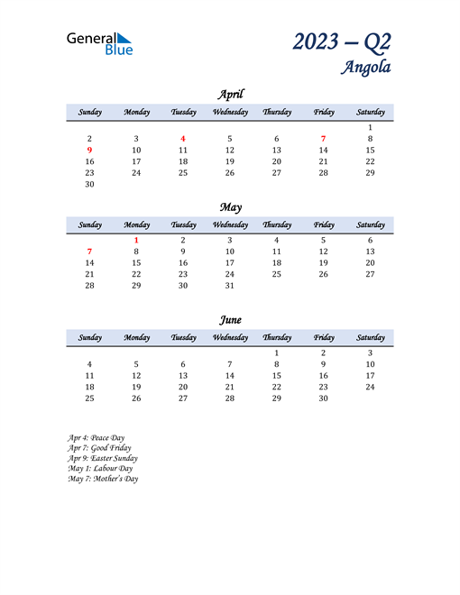 April, May, and June Calendar for Angola