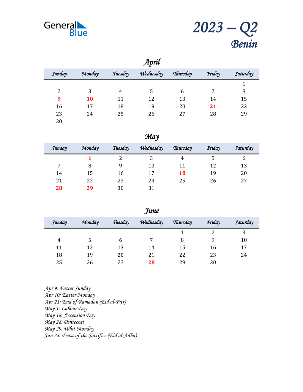  April, May, and June Calendar for Benin