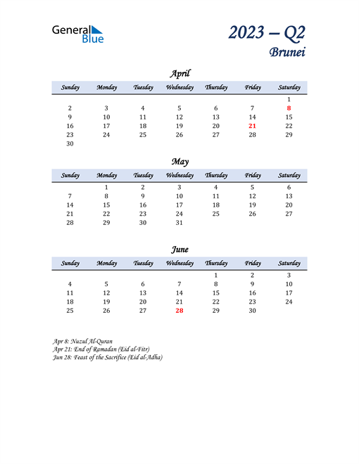  April, May, and June Calendar for Brunei