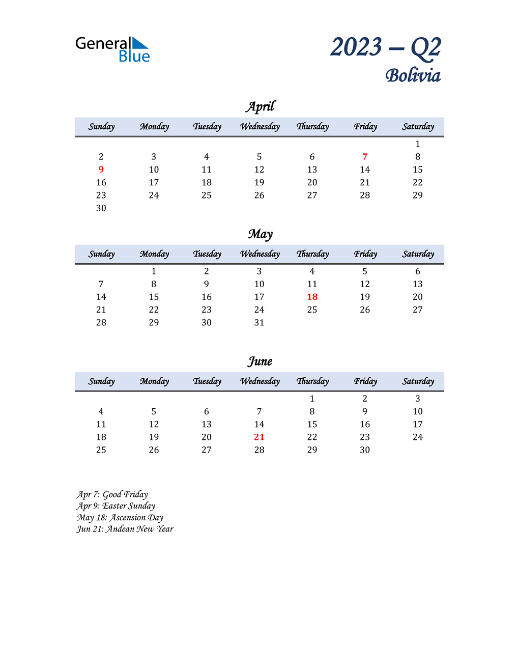  April, May, and June Calendar for Bolivia