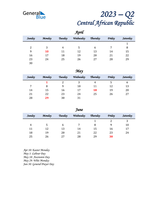  April, May, and June Calendar for Central African Republic