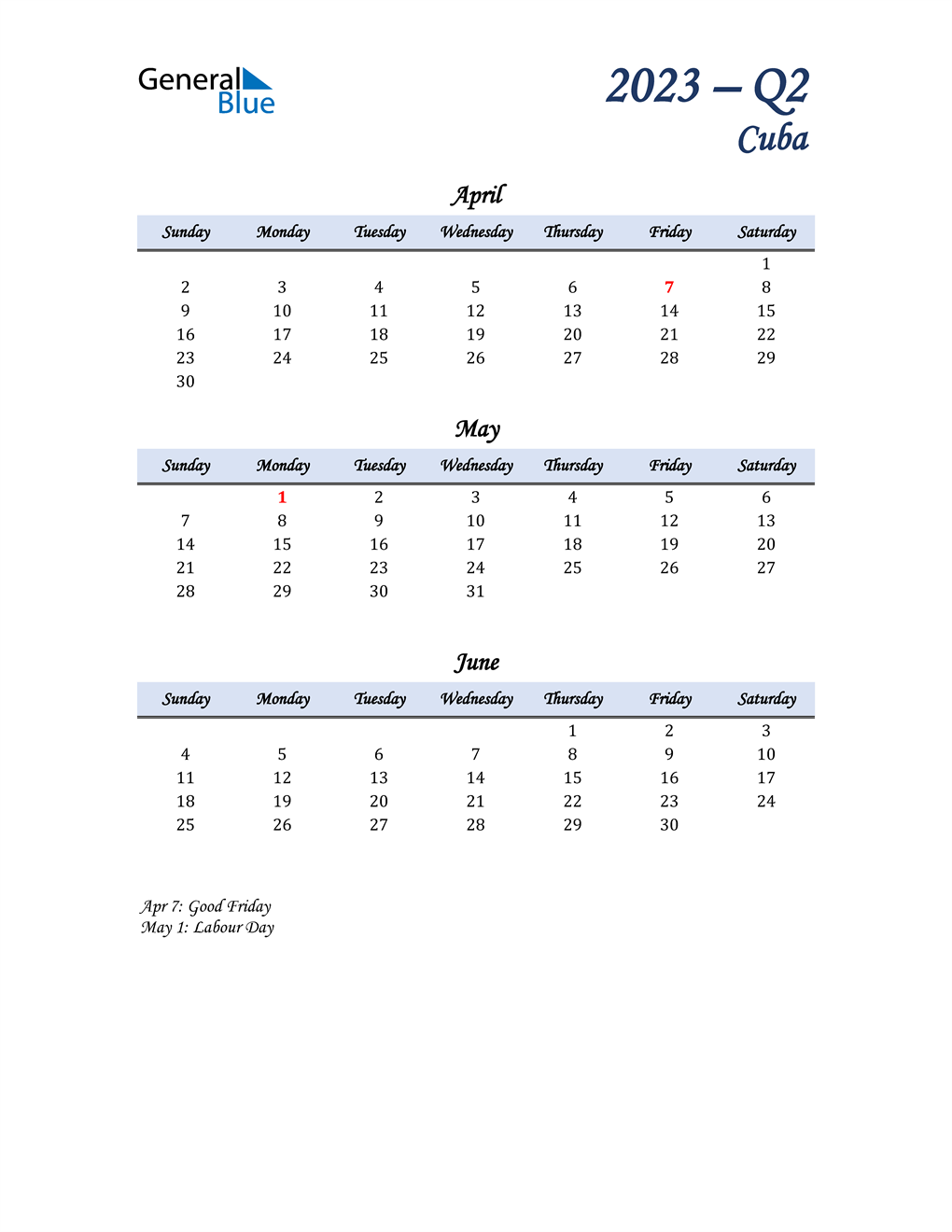  April, May, and June Calendar for Cuba
