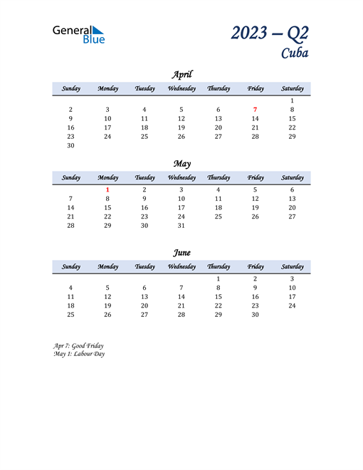  April, May, and June Calendar for Cuba