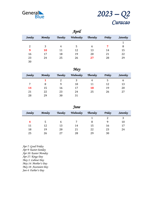  April, May, and June Calendar for Curacao