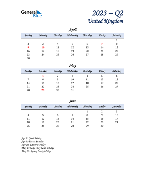  April, May, and June Calendar for United Kingdom