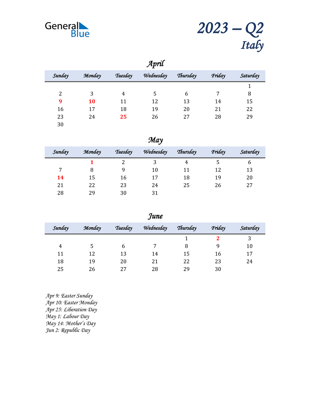  April, May, and June Calendar for Italy