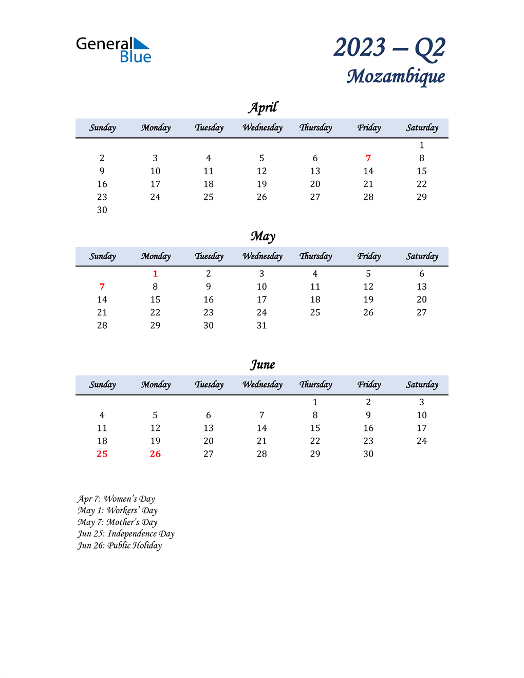  April, May, and June Calendar for Mozambique