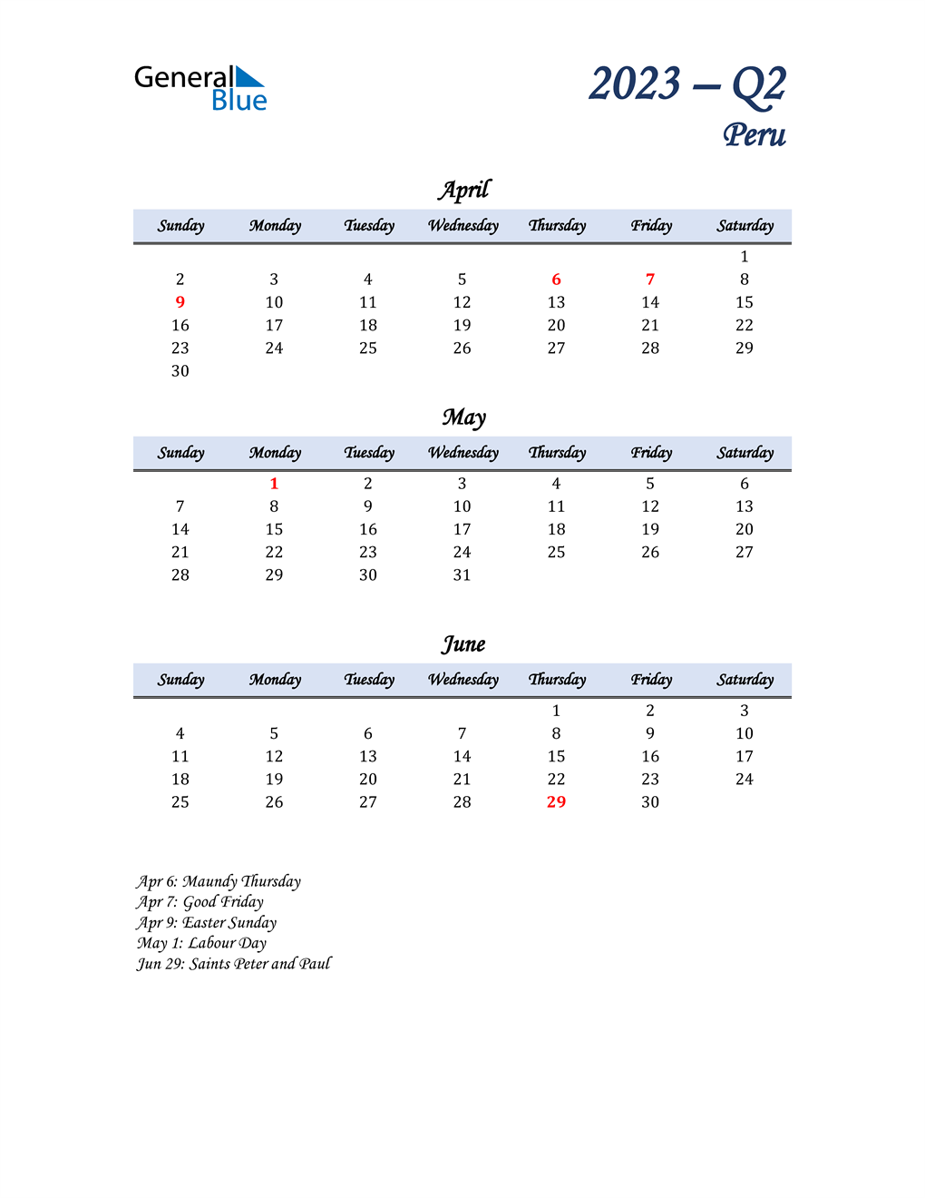  April, May, and June Calendar for Peru