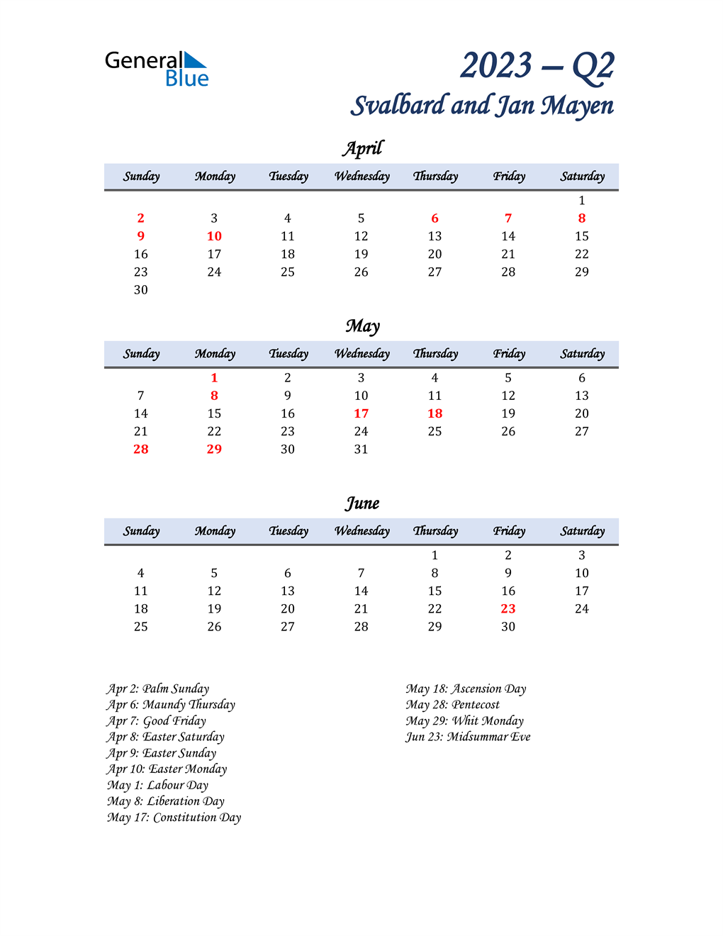  April, May, and June Calendar for Svalbard and Jan Mayen