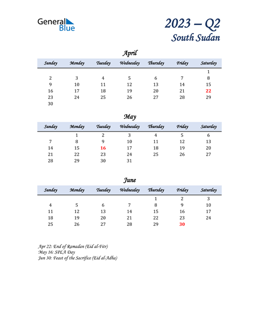  April, May, and June Calendar for South Sudan