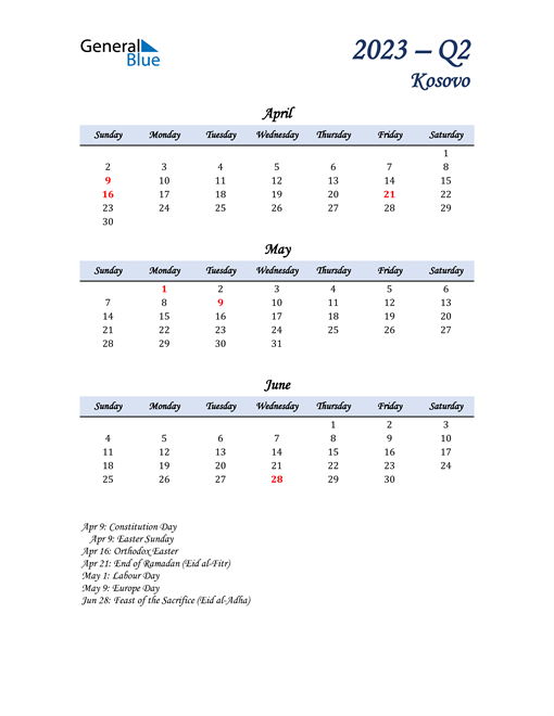  April, May, and June Calendar for Kosovo