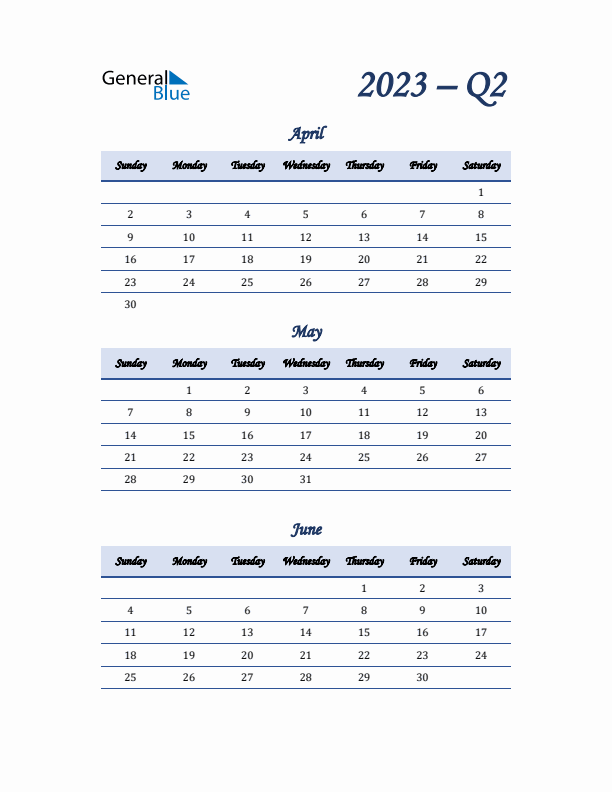 Q2 Quarterly Calendar 2023 In PDF Word Excel