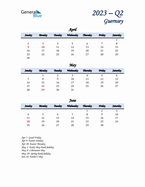 April, May, and June Calendar for Guernsey with Sunday Start