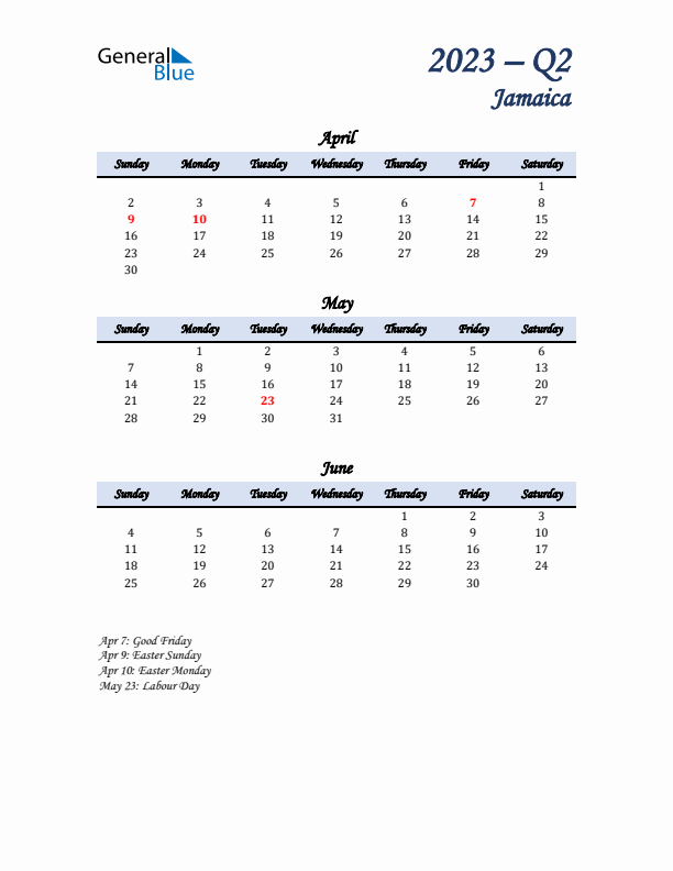 April, May, and June Calendar for Jamaica with Sunday Start