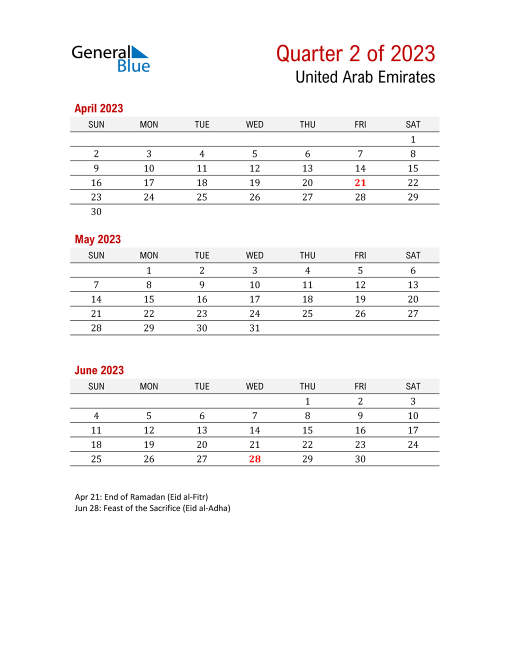  Printable Three Month Calendar for United Arab Emirates