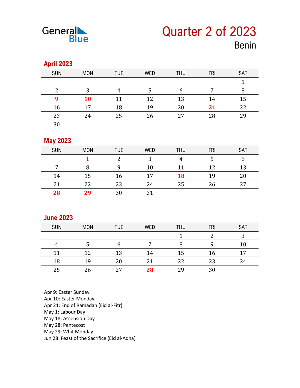  Printable Three Month Calendar for Benin