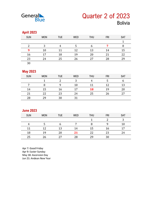  Printable Three Month Calendar for Bolivia