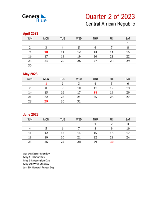  Printable Three Month Calendar for Central African Republic