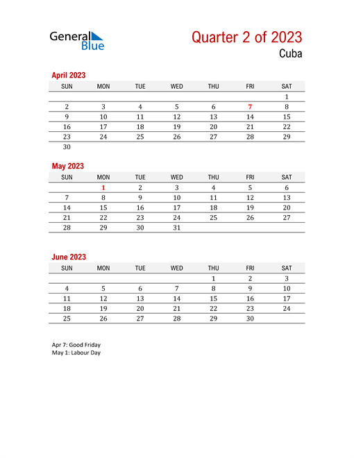  Printable Three Month Calendar for Cuba
