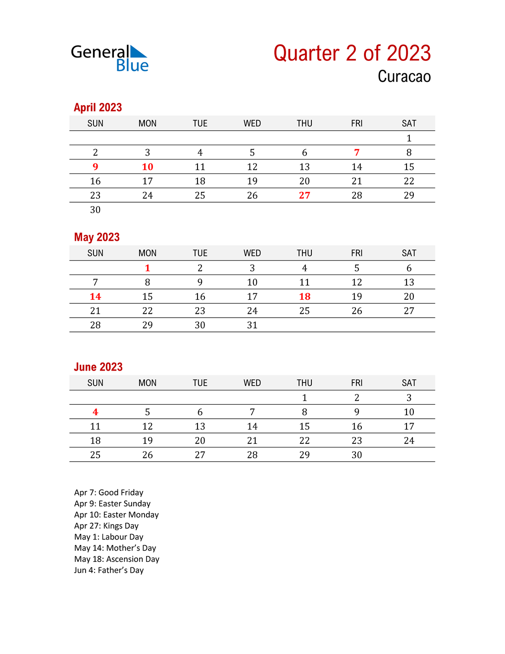  Printable Three Month Calendar for Curacao