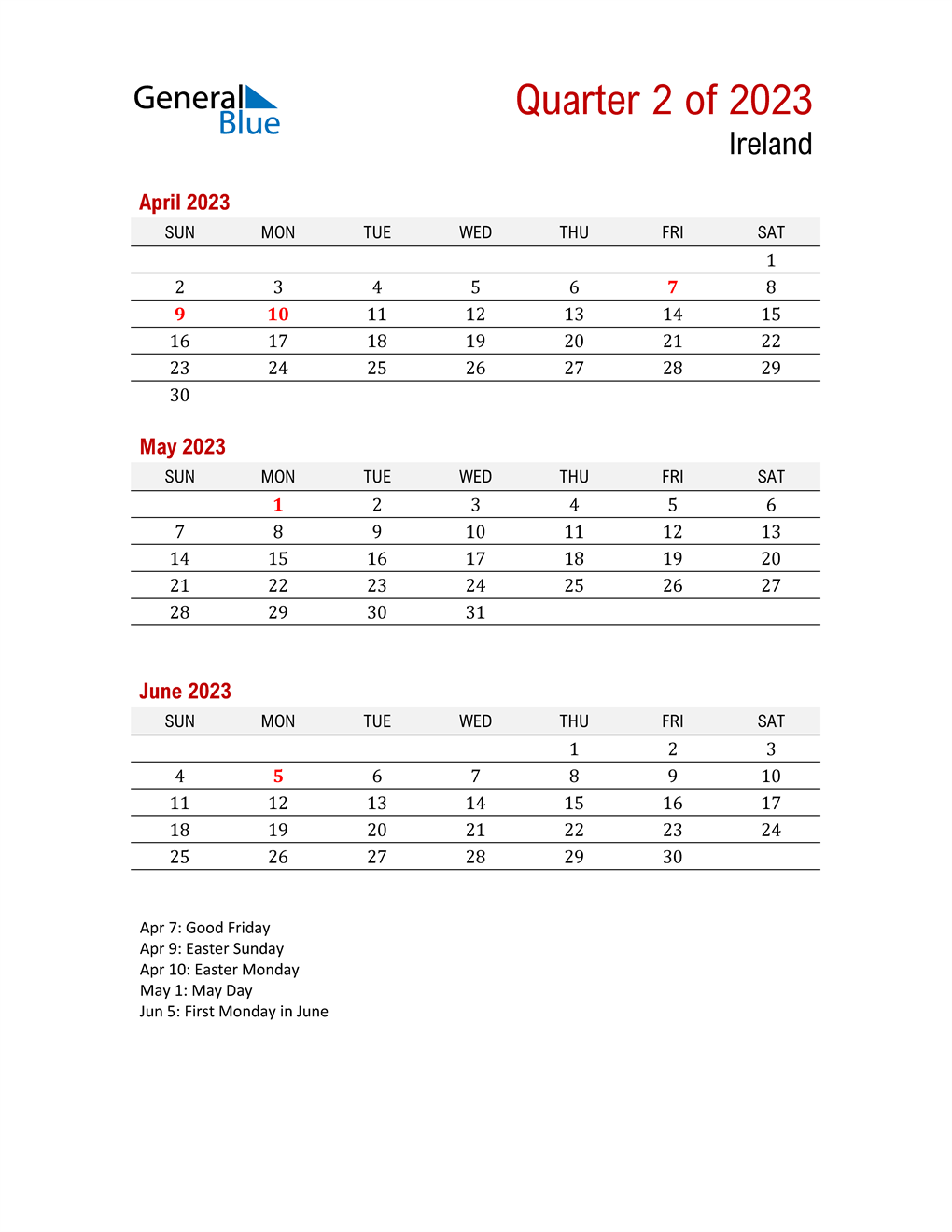  Printable Three Month Calendar for Ireland