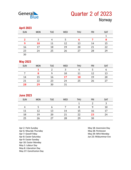  Printable Three Month Calendar for Norway