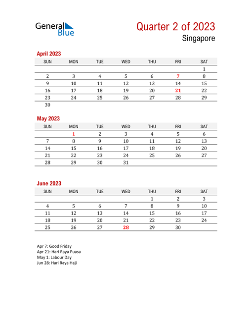  Printable Three Month Calendar for Singapore
