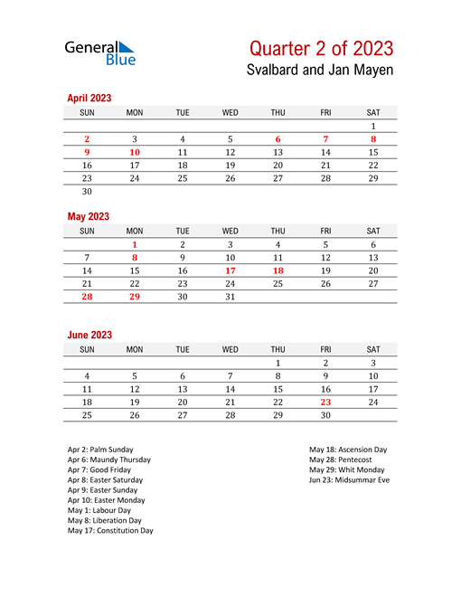  Printable Three Month Calendar for Svalbard and Jan Mayen