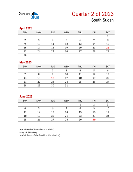  Printable Three Month Calendar for South Sudan