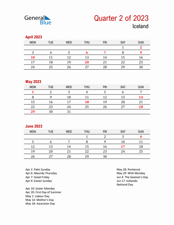 Printable Three Month Calendar with Iceland Holidays