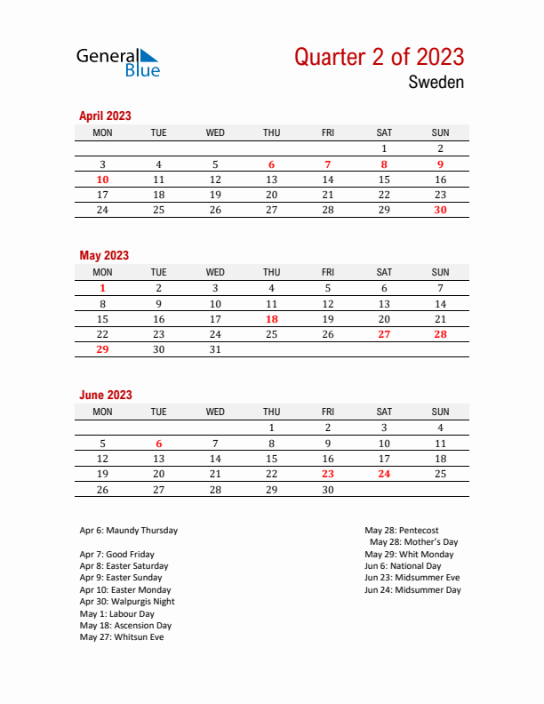 Printable Three Month Calendar with Sweden Holidays