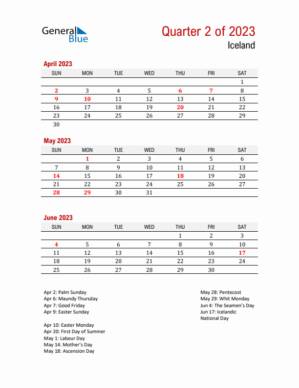 Printable Three Month Calendar with Iceland Holidays