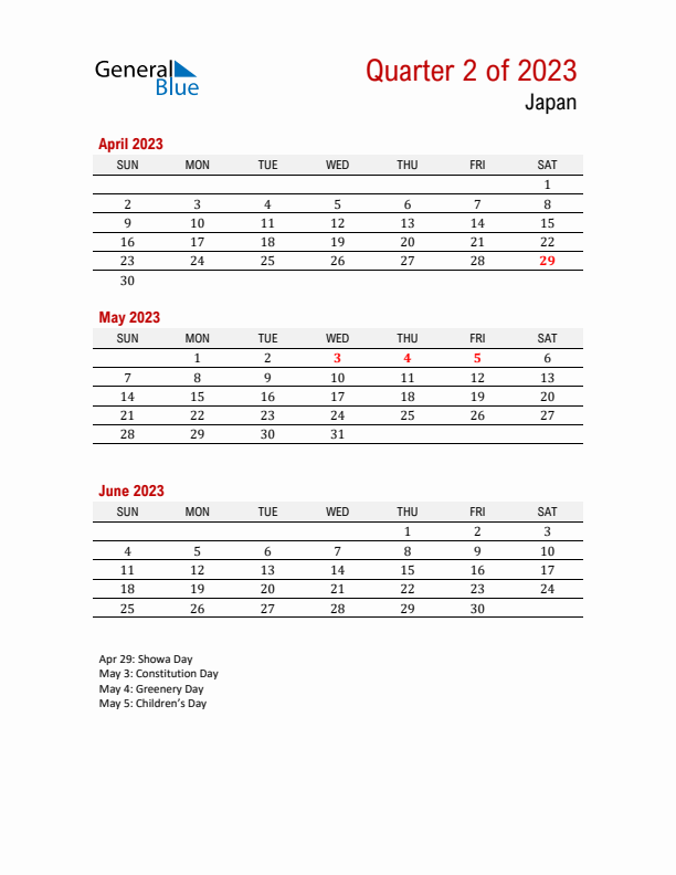 Printable Three Month Calendar with Japan Holidays
