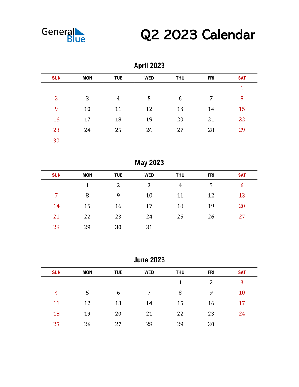  2023 Q2 Calendar with Red Weekend