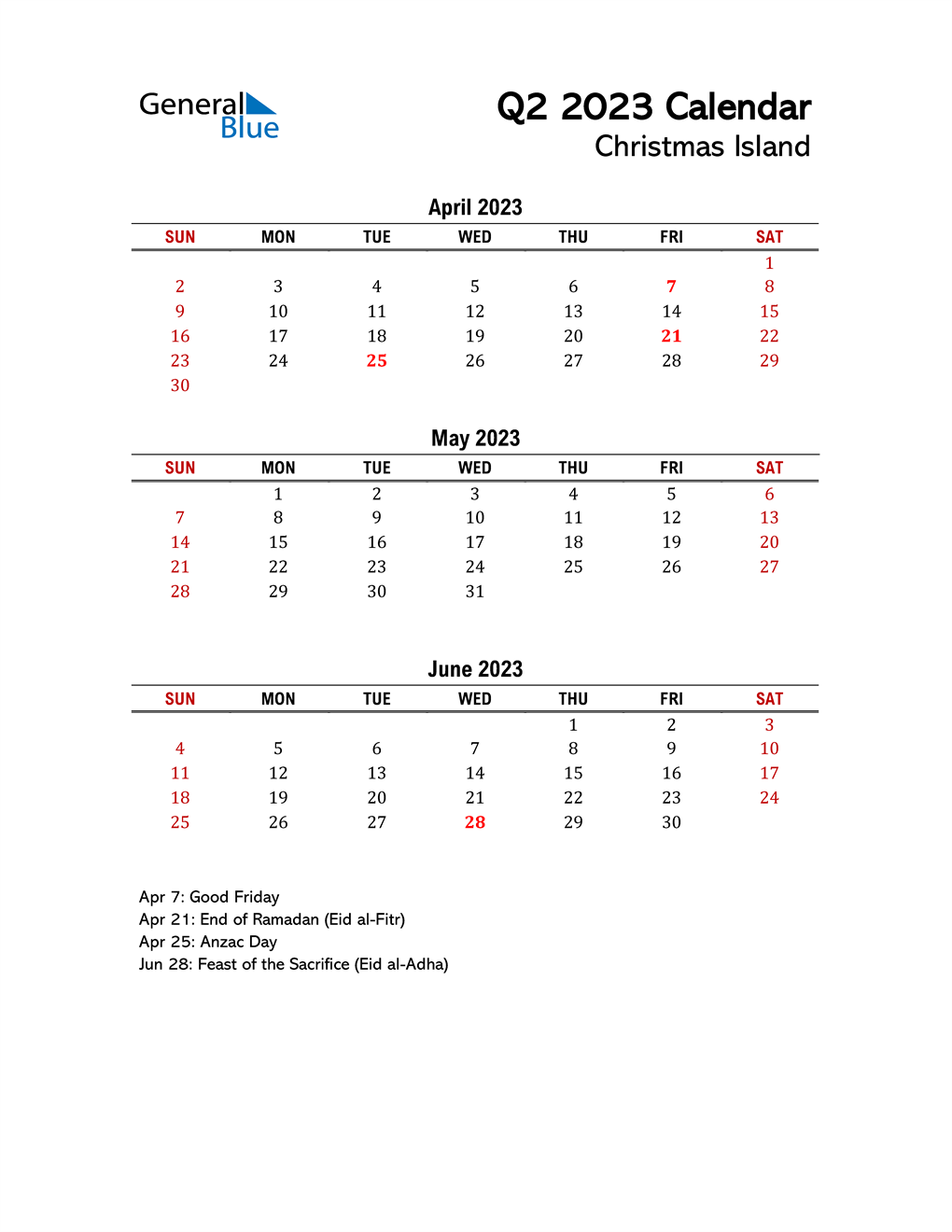  2023 Q2 Calendar with Holidays List