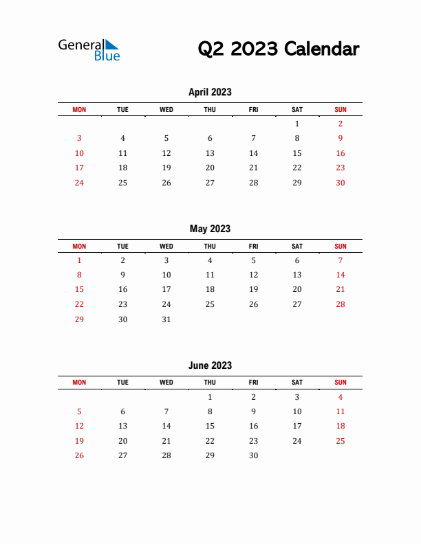 2023 Q2 Calendar with Red Weekend