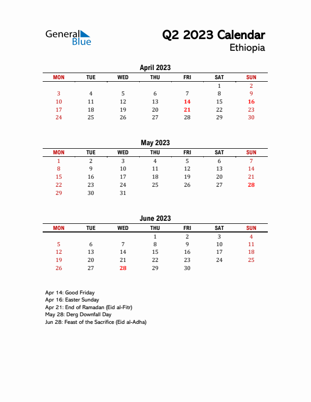 2023 Q2 Calendar with Holidays List for Ethiopia