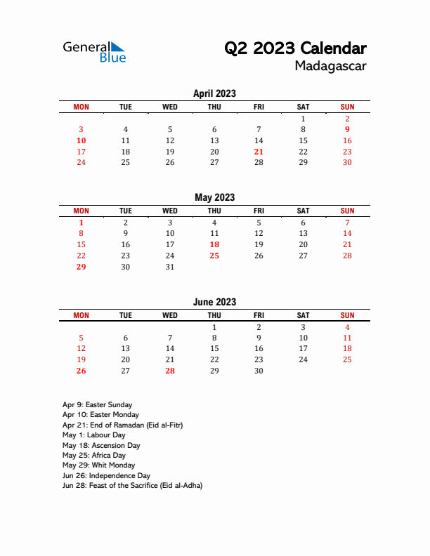 2023 Q2 Calendar with Holidays List for Madagascar