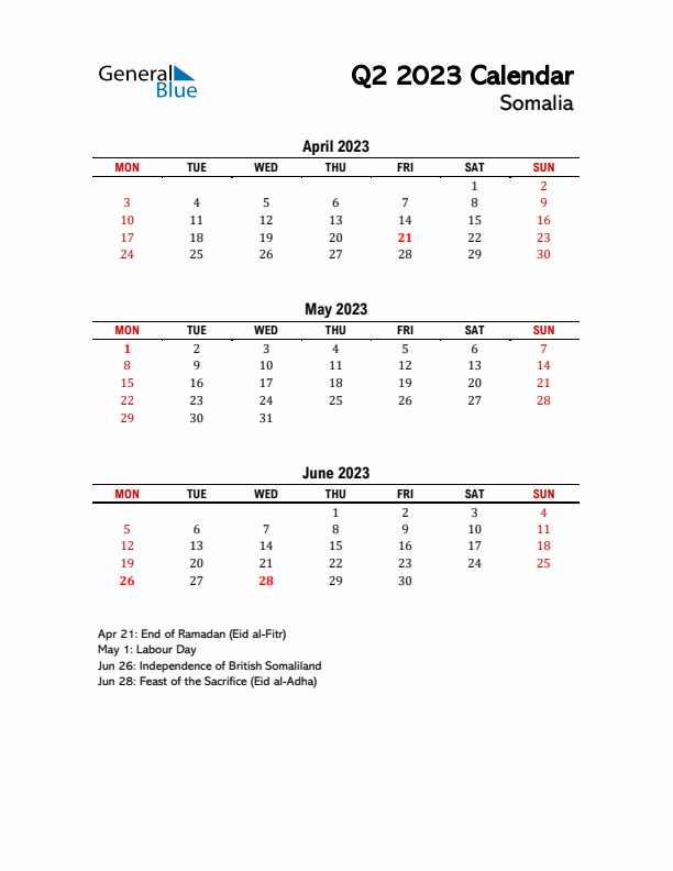 2023 Q2 Calendar with Holidays List for Somalia
