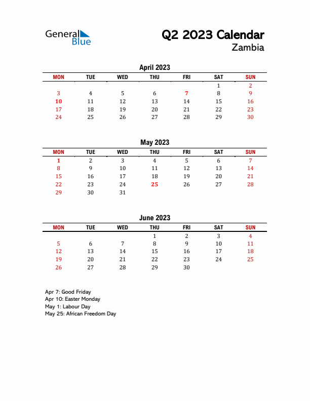 2023 Q2 Calendar with Holidays List for Zambia