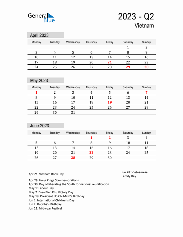 Vietnam Quarter 2 2023 Calendar with Holidays