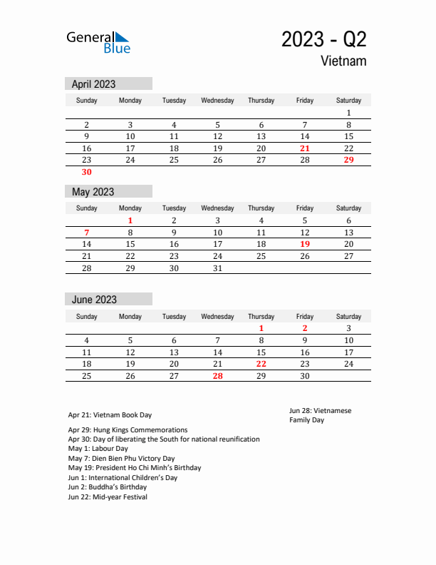 Vietnam Quarter 2 2023 Calendar with Holidays