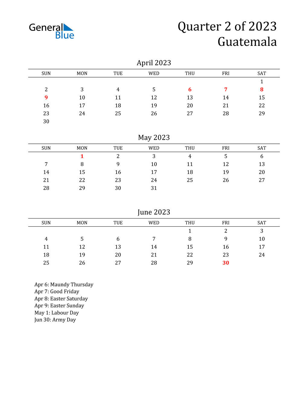 Q2 2023 Quarterly Calendar For Guatemala 2389