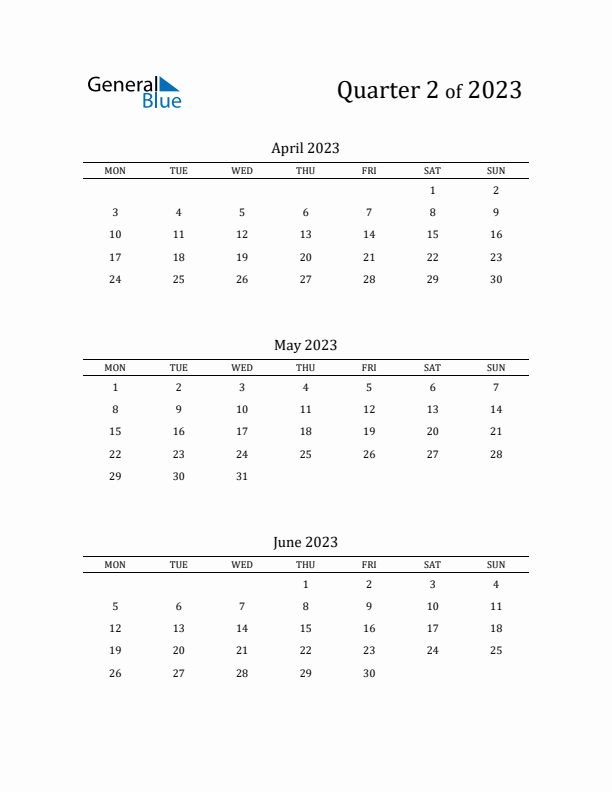 2023 Three-Month Calendar with Monday Start - Quarter 2