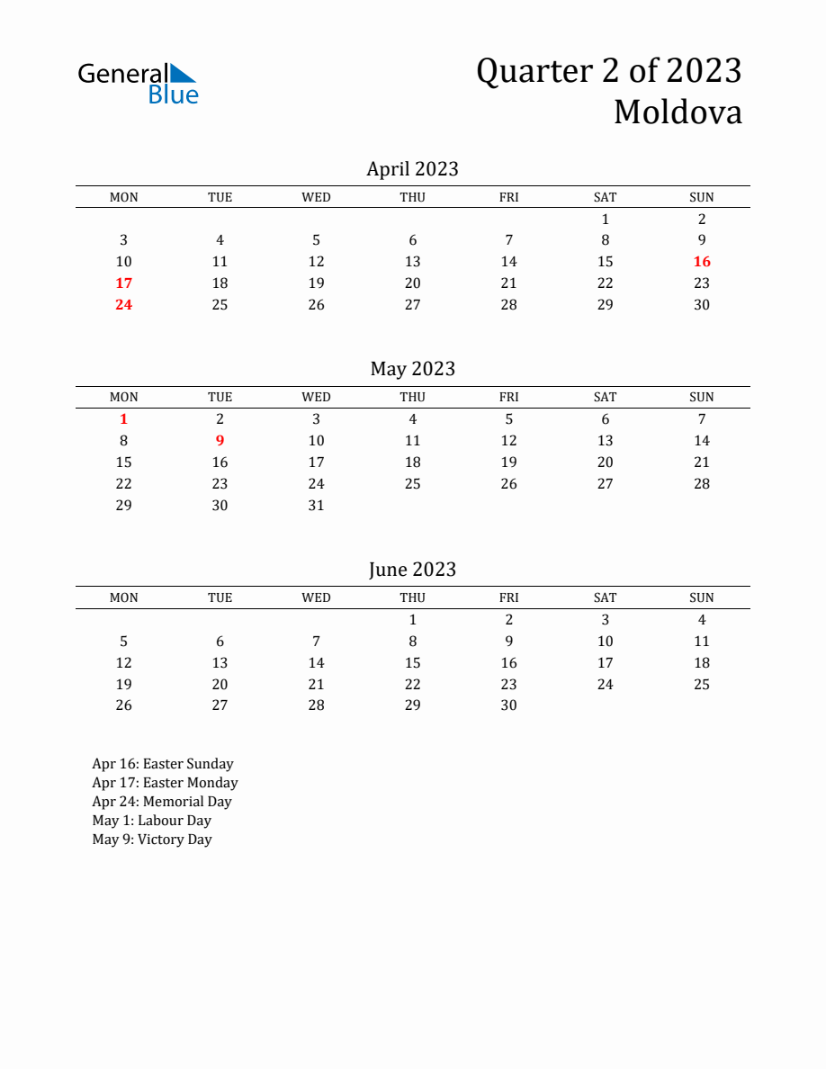 Quarter 2 2025 Moldova Quarterly Calendar